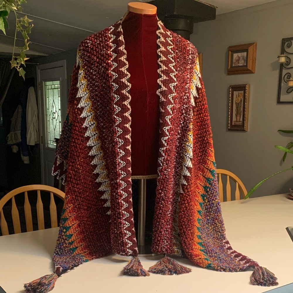 Colorful Boho Knit Shawl with Tassels